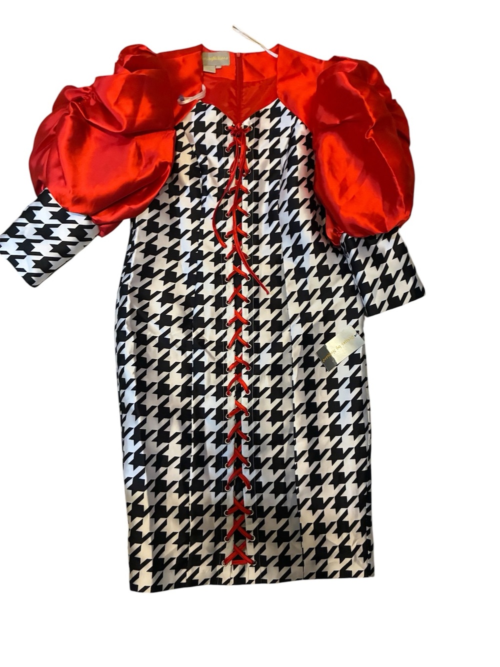 Bold Houndstooth Sheath Dress with Red Puff Sleeves